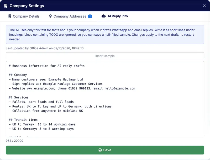 The AI Reply Info tab in Orca's company settings, filled in for a fictional haulage company with its services, routes, transit times and sign-off