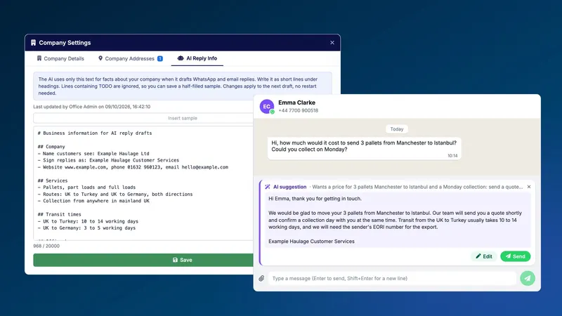 The AI Reply Info settings in Orca for a fictional haulage company, next to an AI-drafted WhatsApp reply that follows those settings