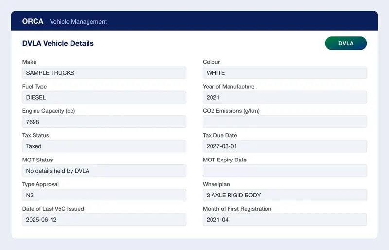 The DVLA Vehicle Details section of a vehicle record in Orca, showing make, colour, fuel type, year of manufacture, tax status Taxed with a due date, MOT status No details held by DVLA, type approval N3 and a 3 axle rigid body wheelplan, with the DVLA button at the top