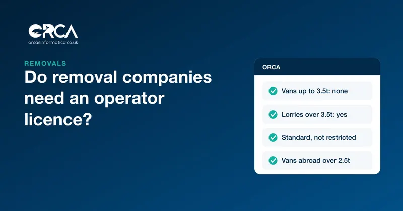 A checklist of operator licence rules for removals firms, no licence for vans up to 3.5 tonnes, a licence for lorries over 3.5 tonnes, a standard licence rather than a restricted one, and vans used abroad over 2.5 tonnes