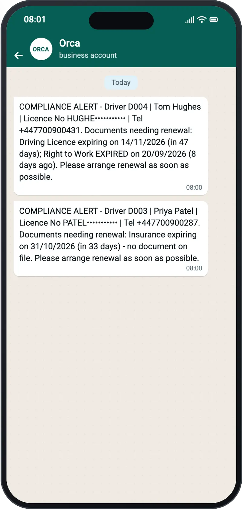 A WhatsApp message to the fleet manager listing a driver's driving licence expiring in 47 days and right to work that expired 8 days ago, and another driver's insurance expiring with no document on file
