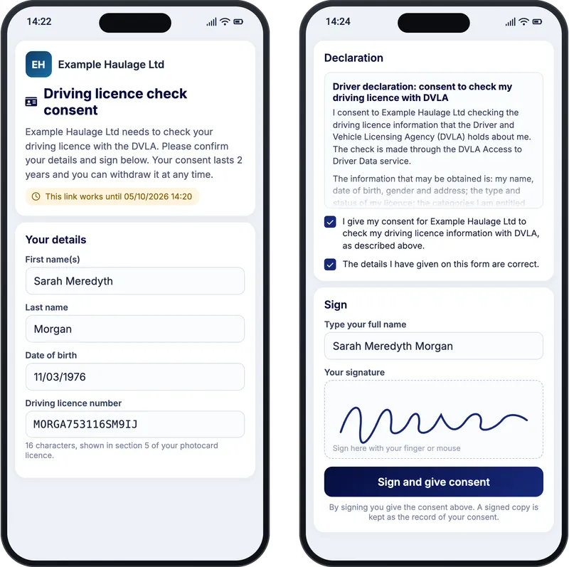 The driver consent page on a phone: the driver's details and licence number on the first screen, and the declaration, confirmations and signature box on the second
