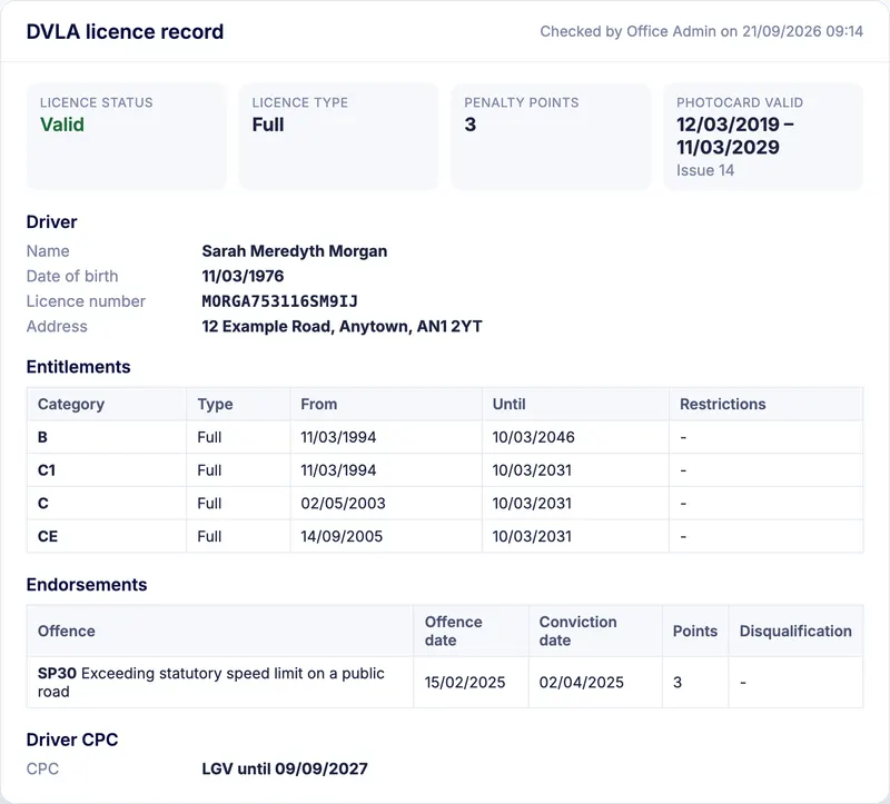 A DVLA licence record in Orca showing a valid full licence with 3 penalty points, the driver's entitlements for categories B, C1, C and CE, one speeding endorsement and Driver CPC valid for lorries