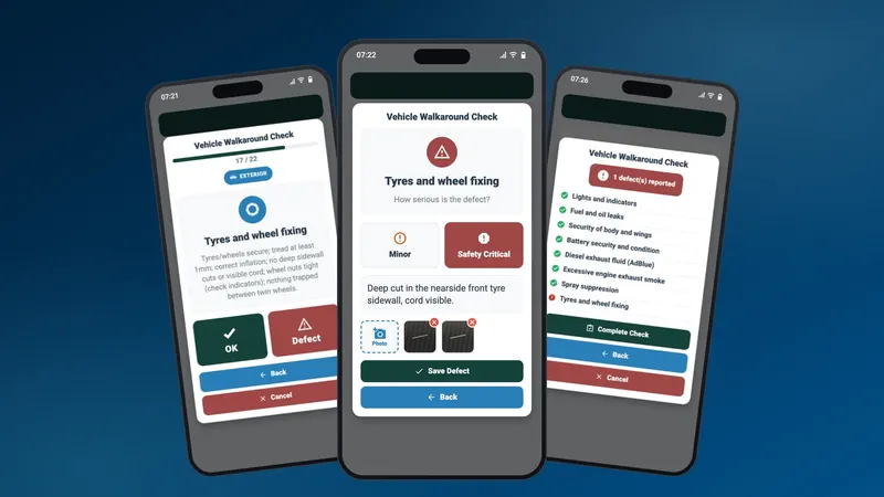 Three phones showing the Orca driver app's DVSA walkaround check, with a tyre question, a safety-critical defect being reported with photos, and the check summary