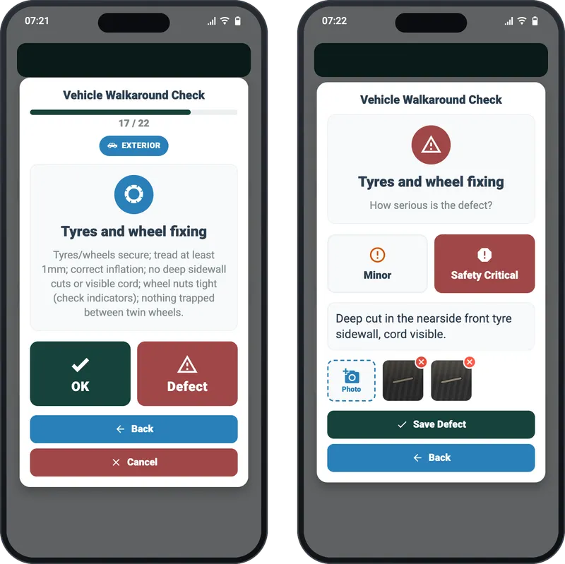 A walkaround check question about tyres and wheel fixing with OK and Defect buttons, next to the defect screen with Safety Critical selected, a description and two photos