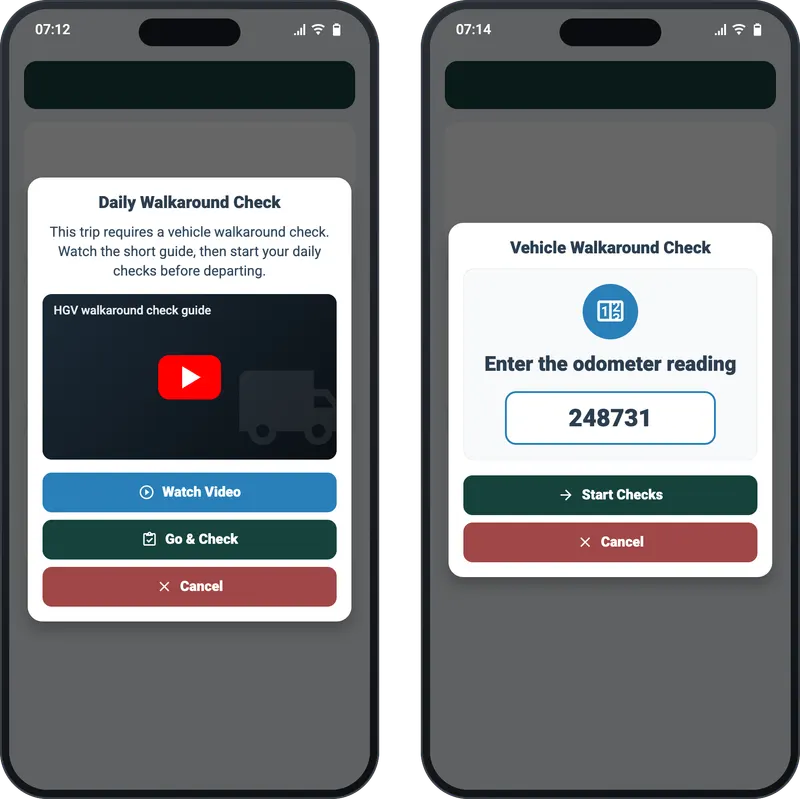 The Orca driver app asking for a daily walkaround check before a trip, with a video guide, next to the odometer reading screen