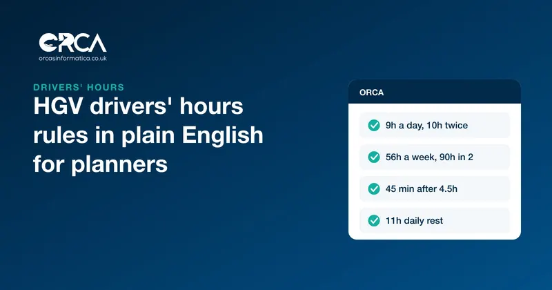 The main HGV drivers' hours limits, 9 hours driving a day extendable to 10 twice a week, 56 hours a week and 90 hours in two weeks, a 45 minute break after 4.5 hours, and 11 hours daily rest