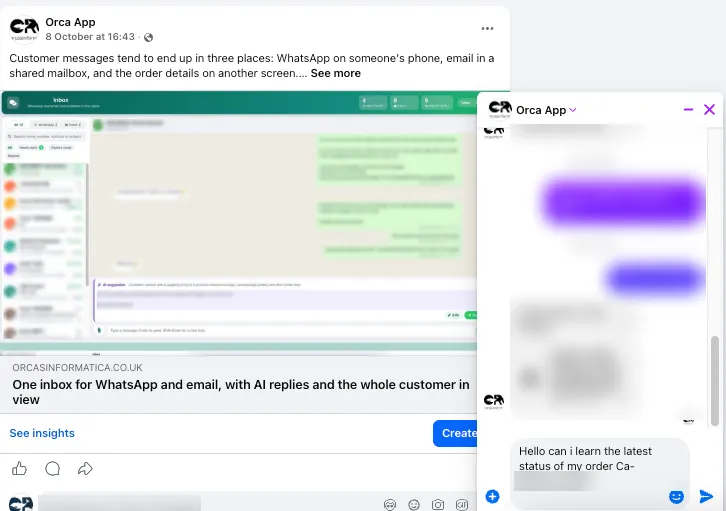 An Orca App Facebook Page post next to the Messenger chat on the Page, where a customer asks for the latest status of their order, with earlier messages blurred