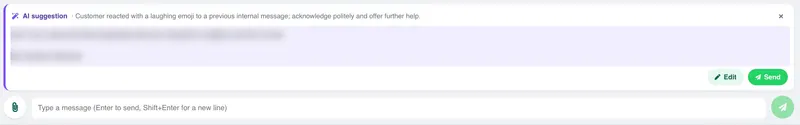 The AI suggestion box under a conversation, with a one-line summary of what the customer needs, the suggested reply and Edit and Send buttons, with the reply text blurred