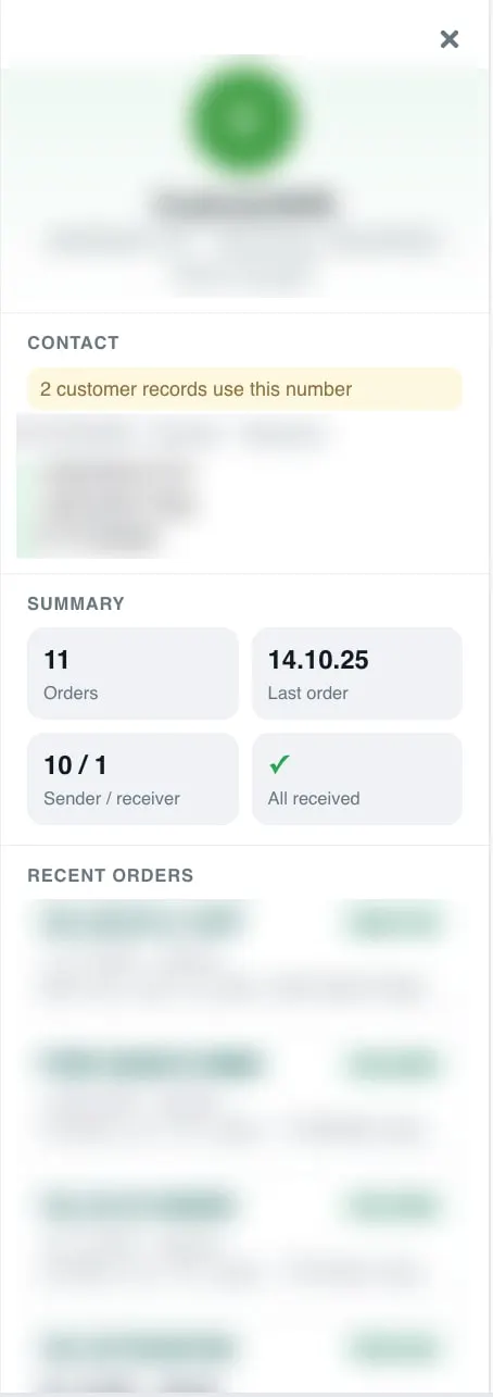 The customer panel beside a conversation, showing contact details, a note that two customer records use this number, a summary of orders and a list of recent orders, with personal details blurred