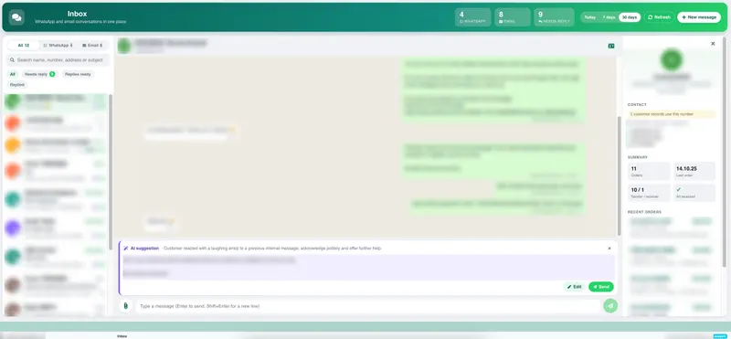 The Orca inbox, with the list of conversations on the left, a chat in the middle, an AI suggested reply underneath and the customer's details on the right. Names and messages are blurred.