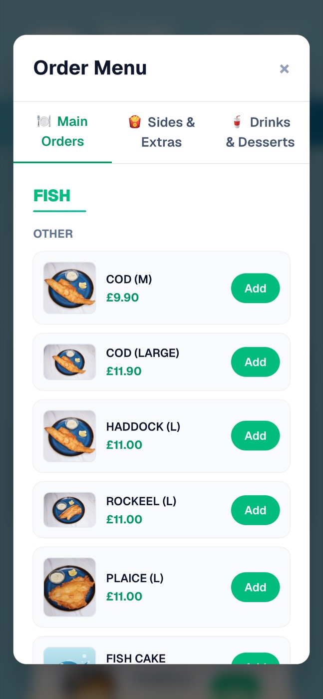 The online order menu of The Crispy Cod, Chelmsford, running on Orca Serve